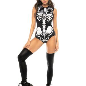 Mardi Gras Krewe Hooded Bodysuit Sensual Skull Skeleton Costume with Face Cover